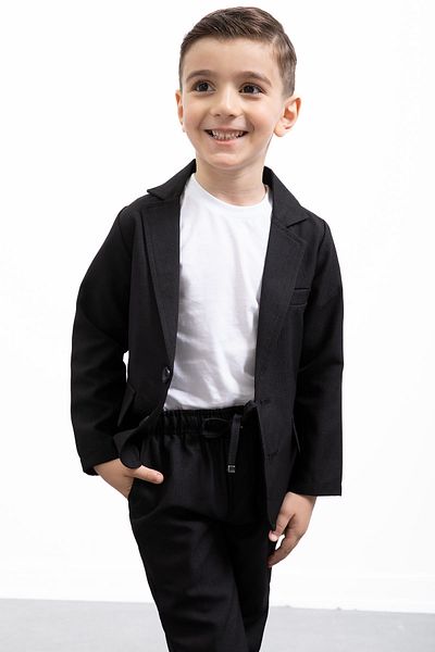Cansın Mini Black Linen Jacket and Pants Basic T-Shirt Boys 3-Piece Suit 21201