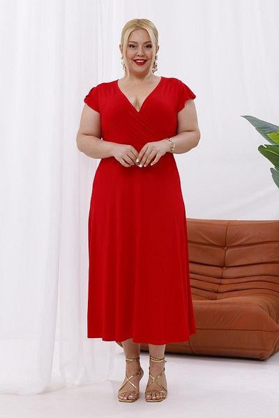 Madwilo Women's Red Ruffle Sleeve Double Breasted Collar Plus Size Stretchy Maxi Dress