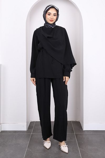 İmajButik Black Shawl Detailed Tunic Trouser Suit