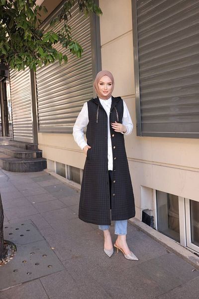 MODA AKGÜN Quilted Hooded Button Long Hijab Vest