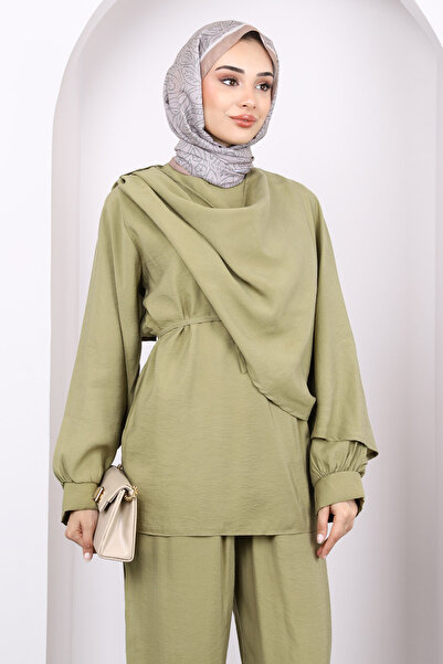 İmajButik Haki Şal Detaylı Tunik Pantolonlu Takım