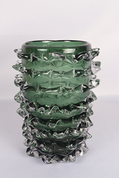 Canba Yeşil Kırçımlı Cam Vazo | 22x28 CM Lüks Dekoratif Çiçek Vazo