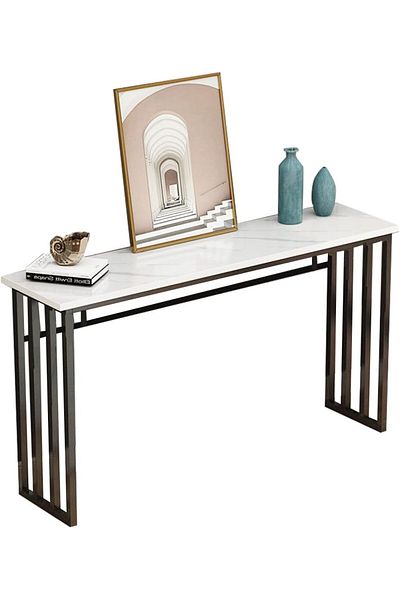 AGD Entryway Console Table, Narrow Marble Design Table, Metal Frame, for Hallway and Living Room 100x30x80cm, White
