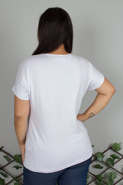 Truva XXL Large Size Stone Embroidered Shoulder Tulle Detailed White T-Shirt