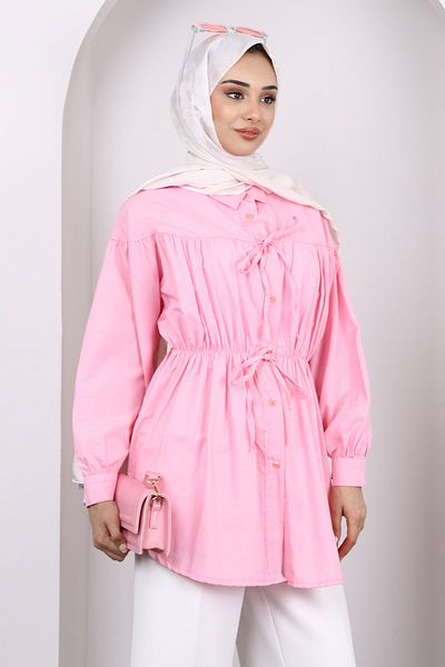 İmajButik Pink Waist Elastic Buttoned Tunic