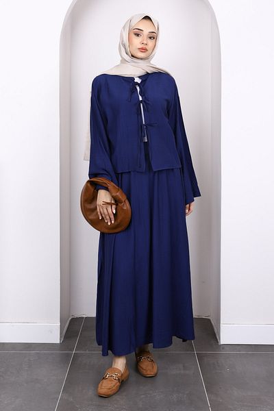 İmajButik Navy Blue Tie Front Kimono Skirt Suit