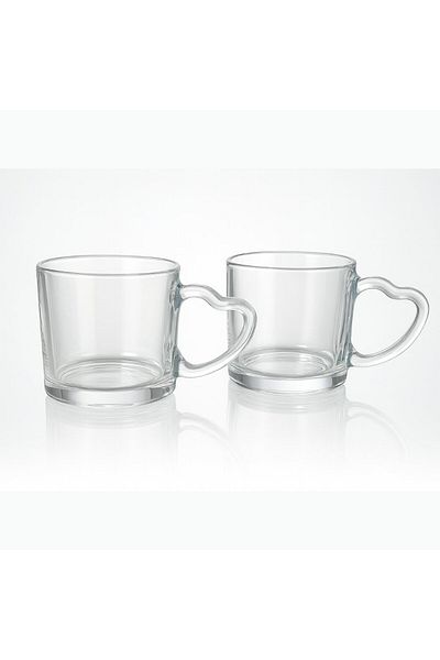 FAIR HOME Set of 2 Thick Glass Mug Cups with Heart Handles Special for Couples - Transparent