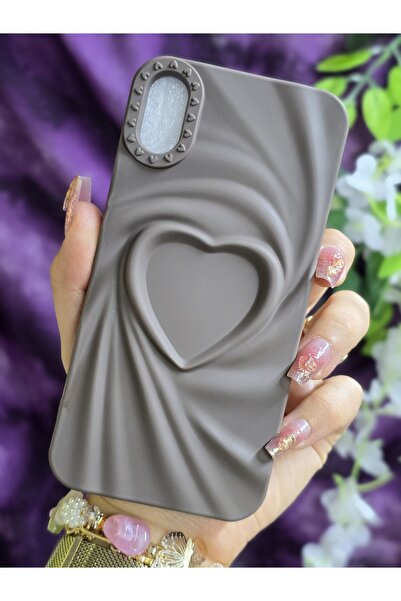 Magic Ring Iphone X / XS Uyumlu 3D Kalpli Kahverengi Silikon Kılıf