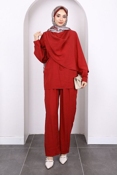İmajButik Red Shawl Detailed Tunic Pants Suit