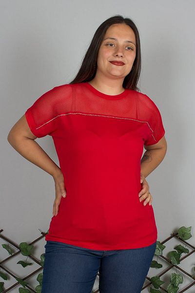 Truva XXL Large Size Stone Embroidered Shoulder Tulle Detailed Red T-Shirt