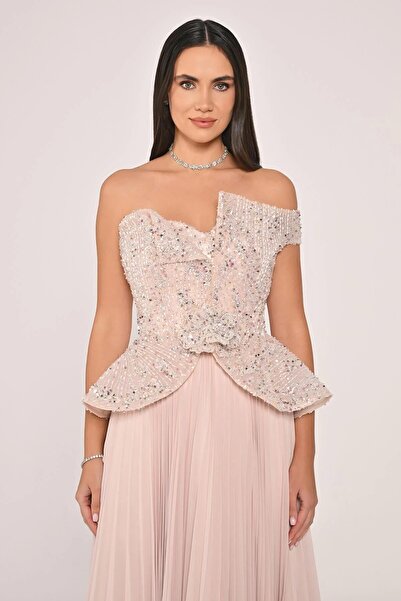ALFABETA One-shoulder sequin and stone embellished skirt, pleated chiffon maxi dress