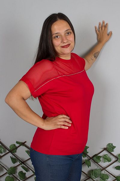 Truva XXL Large Size Stone Embroidered Shoulder Tulle Detailed Red T-Shirt