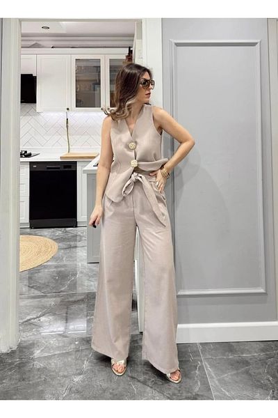 MODA Stone Color Premium Quality Gold Metal Button Linen Vest Pants Set
