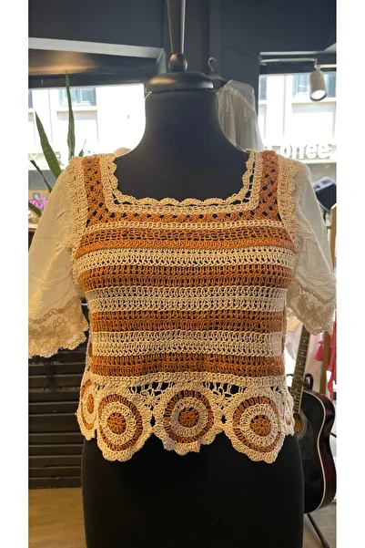 By-esq Women's Openwork Summer Crop Knitwear Blouse Tile Cream