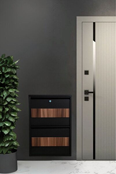 Moemi Metal Ayakkabılık 2'Li SİYAH - CEVİZ Ahşap Kaplamalı KİLİTLİ Ayakkabılık