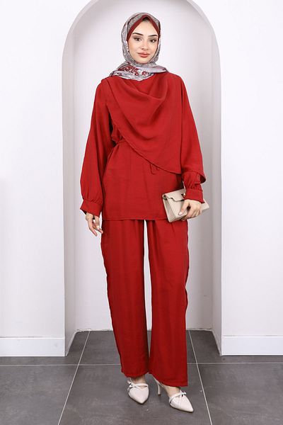 İmajButik Red Shawl Detailed Tunic Pants Suit