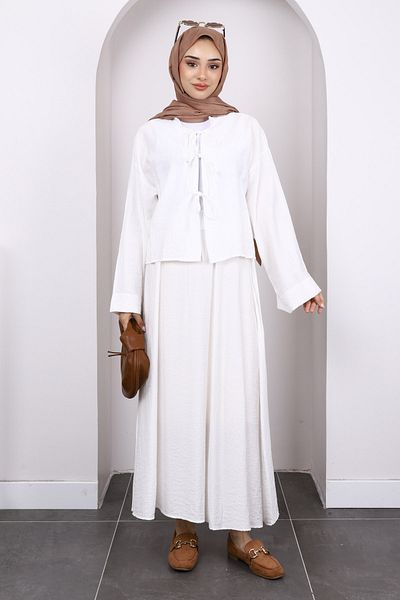 İmajButik Ecru Kimono Skirt Set with Tie Front