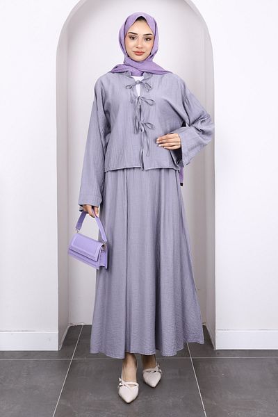 İmajButik Gray Tie Front Kimono Skirt Suit