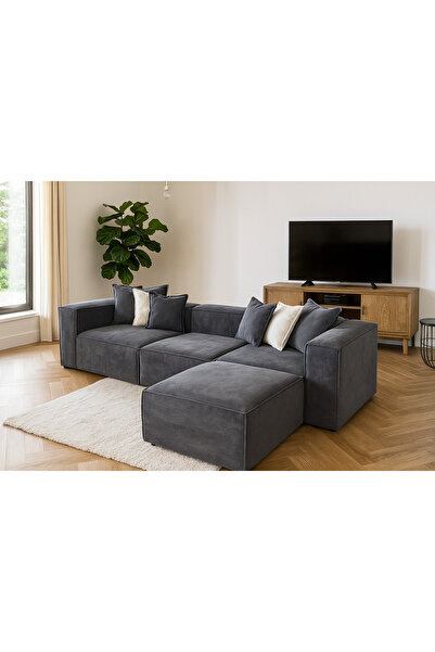 S Home Design Concept Frida 4 Modül Pofidik Modüler Kanepe L Köşe Koltuk Takımı, Fitilli, Antrasit 290 Cm