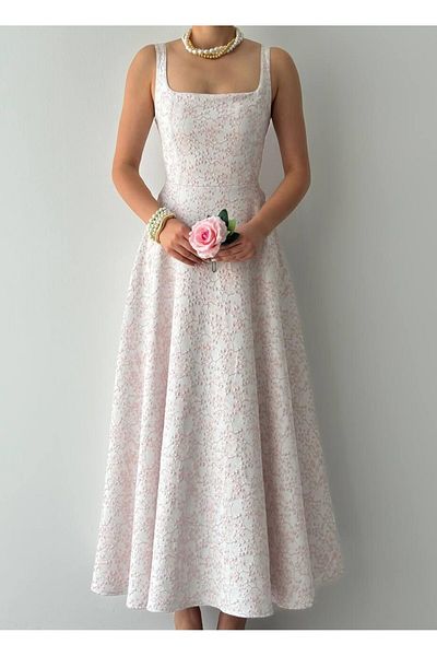 Julidress Φόρεμα ροζ κεντήματος με ανάγλυφο λουλουδάτο μοτίβο με λουράκι Premium Design