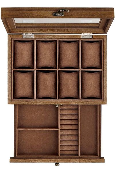 Mena Rise Şirinshop Jow008B01 8 Compartment Watch Box, Solid Wood Watch Box, with Glass Lid, Rings,