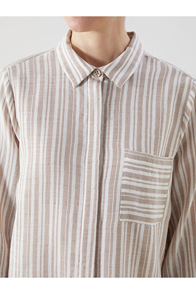 LC Waikiki LCW Grace Bej Çizgili Keten Görünümlü Kadın Gömlek Tunik