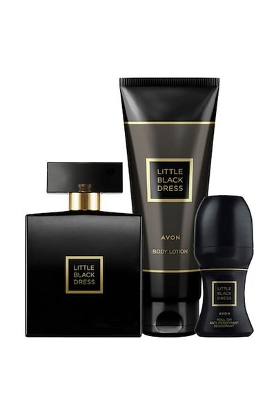 AVON SET LITTLE BLACK DRESS, PARFUM 50 ML, ROLL-ON 50 ML SI LOTIUNE DE CORP 125 ML , AVON