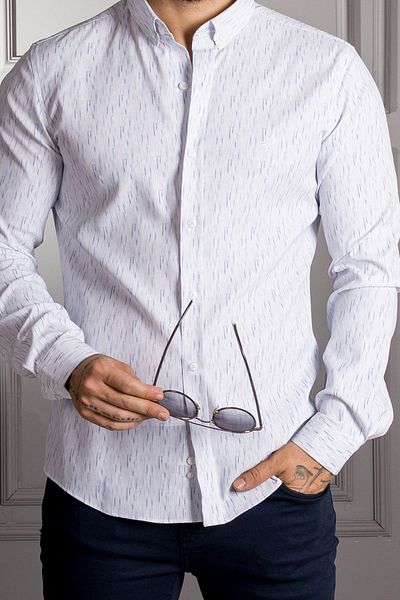 Sarar Interview Sarar Goias Collar Button Patterned Slim Fit White Blue Shirt