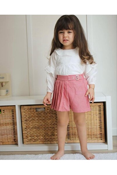 Morbellabutikaksesuar Kız Çocuk İkili Takım - Fırfırlı Beyaz Bluz & Kırmızı Desenli Şort