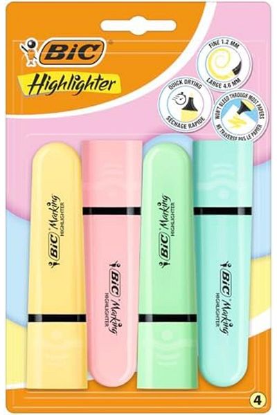 Mena Rise Şirinshop Marking Flat Higlighter Pastel Highlighter Pen 4-Piece Blister, 4 Pastel Colors (Yellow, Blue,