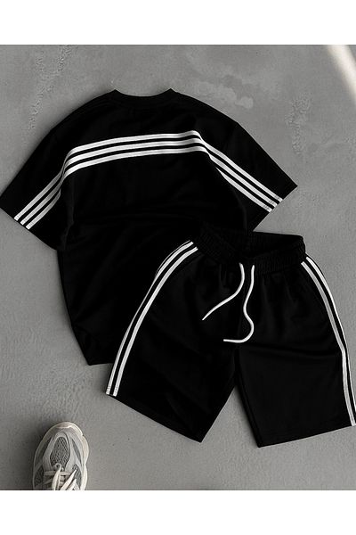 NO1 KONSEPT Black 3 Stripe Oversize 2 Thread Combed Cotton T-Shirt Shorts Set
