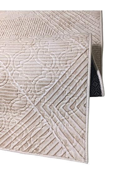 NaRStore Home Krem Bej Renk Kaymaz Tabanlı Kesme Kabartmalı Salon Koridor Mutfak Halısı