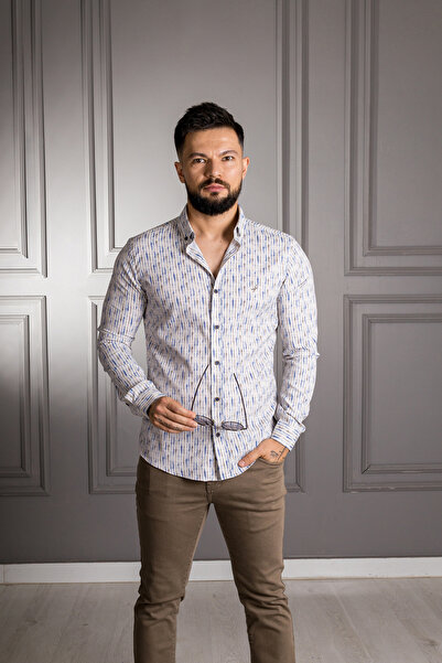 Sarar İnterview Sarar Goias Yaka Düğmeli Desenli Slim Fit Bej Mavi Gömlek