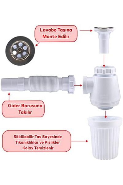 Mena Rise Şirinshop Siphon Bellows Detachable Stone Cleanable Kitchen Bathroom Sink Stone Drain