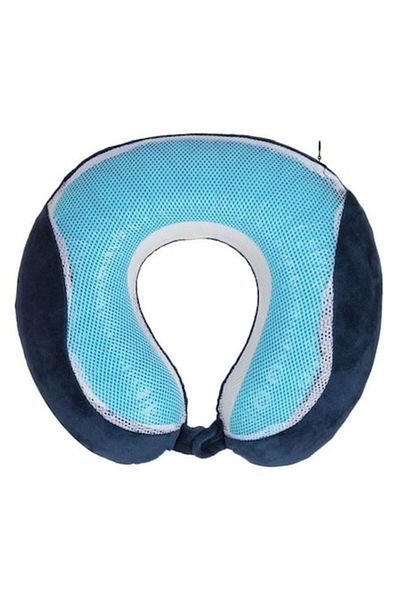 BREZIUM Anatomic Travel Pillow with Memory Foam and Cooling Gel, 23x27x13cm, Blue