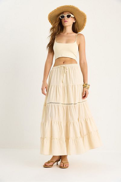 Bianco Lucci Women's Elastic Waist Flounce Lined Ribbon Lace Detailed Slit Linen Skirt 25272 60283491