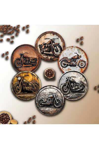kutuTR 🏍️   طقم من 6 قطع من أكواب MDF بطابع الدراجات النارية الرجعية - 10 سم BRD-034