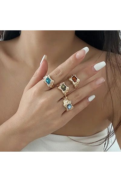 Takıtolia Velen Gold 4 Pieces Blue Green Orange Stone Design Vintage Multi Adjustable Gold Ring Set
