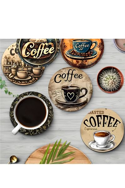 kutuTR ☕   Set of 6 Coffee Themed Coasters in Retro Style – Mdf |   10cm Brd-028