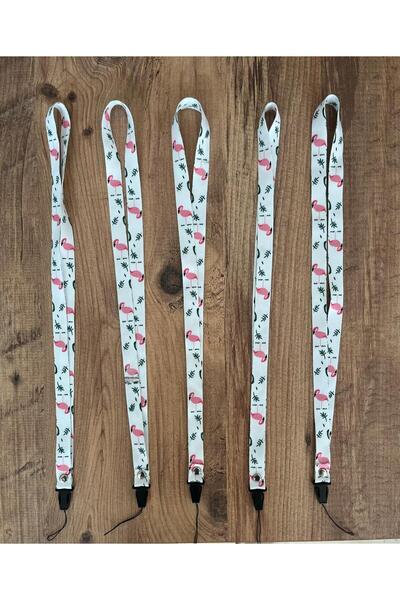 kürkçü حبل لبطاقة الاسم بحزام للرقبة باللون الأبيض منقوش على شكل فلامنغو