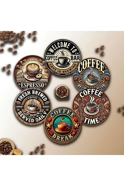 kutuTR ☕   مجموعة من 6 مساند أكواب MDF بطابع القهوة الرجعية – 10 سم |   BRD-029