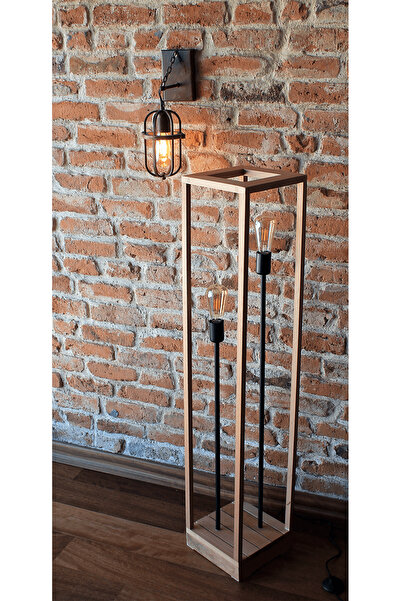 nijiartdesign 120 CM Doğal Ahşap Kayın Ağacı El Yapımı Çift Ampullü Retro Lambader RUSTİK LED AMPUL HEDİYELİ