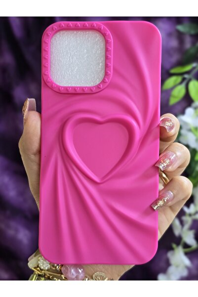 Magic Ring iPhone 14 PROMAX Uyumlu 3D Kalpli Fuşya Silikon Kılıf