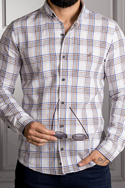 Sarar Επισκέψτε το πουκάμισο με καρό μοτίβο με κουμπιά Goias με βαμβακερό λινό μπλε ναυτικό καφέ