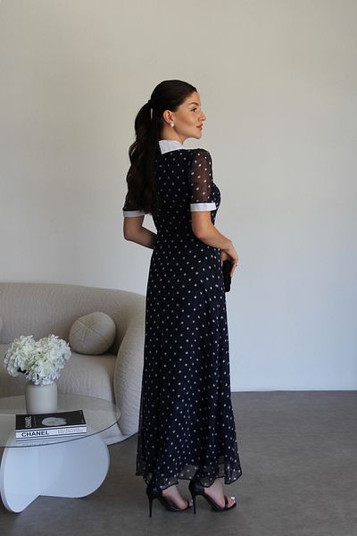 Julidress Brooch Polka Dot and Rose Pattern Lined Maxi Long Length Premium Chiffon Dress