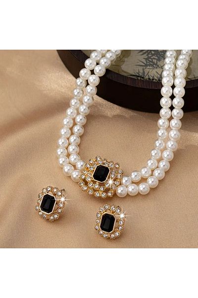 Takıtolia Elegant - Luxury Black Stone Double Row Pearl Gift Special Occasion Stylish Pearl Necklace and Earrings Jewelry Set