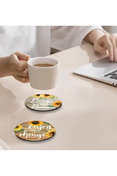 kutuTR 🌻   Set of 6 Sunflower Themed Written Mdf Coasters – 10 cm |   Brd-030