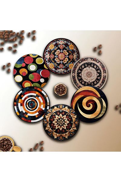 kutuTR 🌀   طقم مساند أكواب MDF منقوشة عرقية وفكرة مجردة مكونة من 6 قطع - 10 سم BRD-035