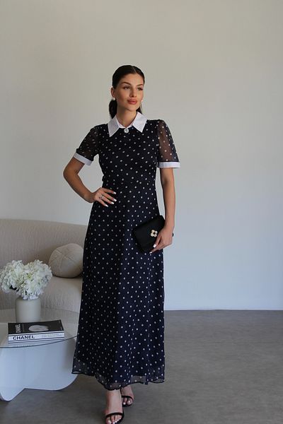 Julidress Brooch Polka Dot and Rose Pattern Lined Maxi Long Length Premium Chiffon Dress