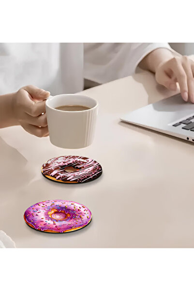 kutuTR 🍩   Set of 6 Mdf Coasters with Colorful Donut Design – 10 cm Brd-033